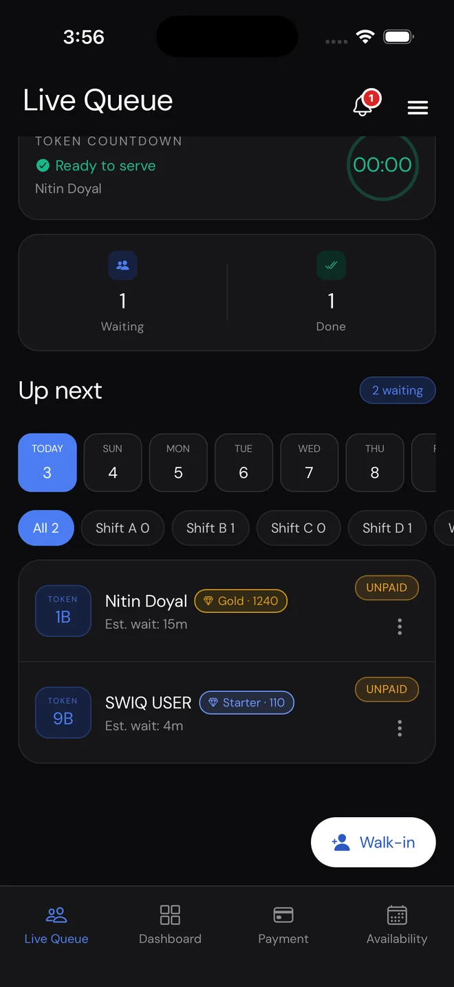 SWIQ business app live queue showing token numbers and wait times