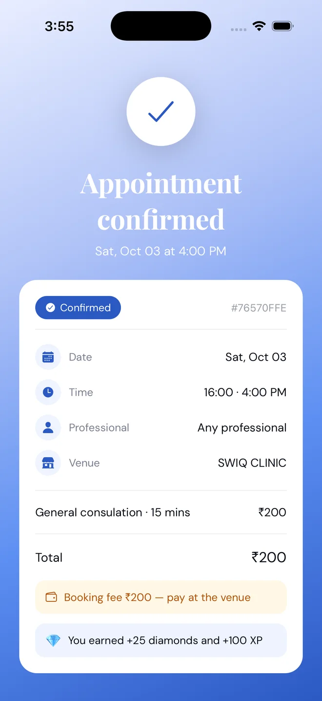 Appointment confirmed in the SWIQ customer app with token and time