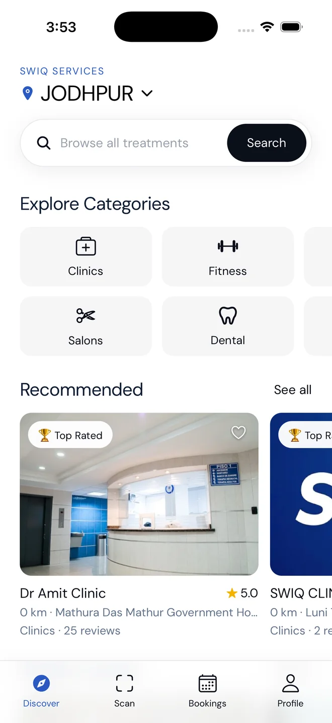 SWIQ customer app discovering salons and clinics nearby
