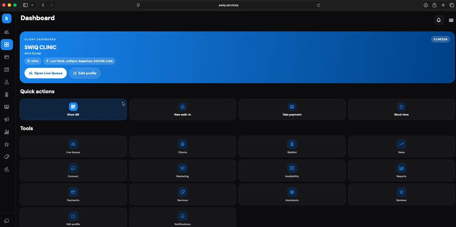 SWIQ business dashboard with quick actions, live queue, upcoming appointments and reports