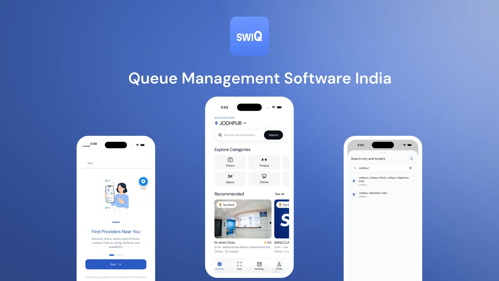 SWIQ online booking flow — business page, appointment confirmed screen and live booking status